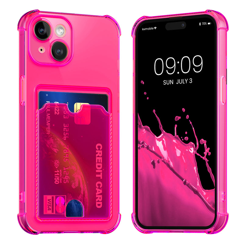 kwmobile Hülle mit Kartenfach kompatibel mit Apple iPhone 15 - Handyhülle iPhone 15 mit Kartenfach - Soft Case - Schutzhülle in Neon Pink Transparent Neon Pink  