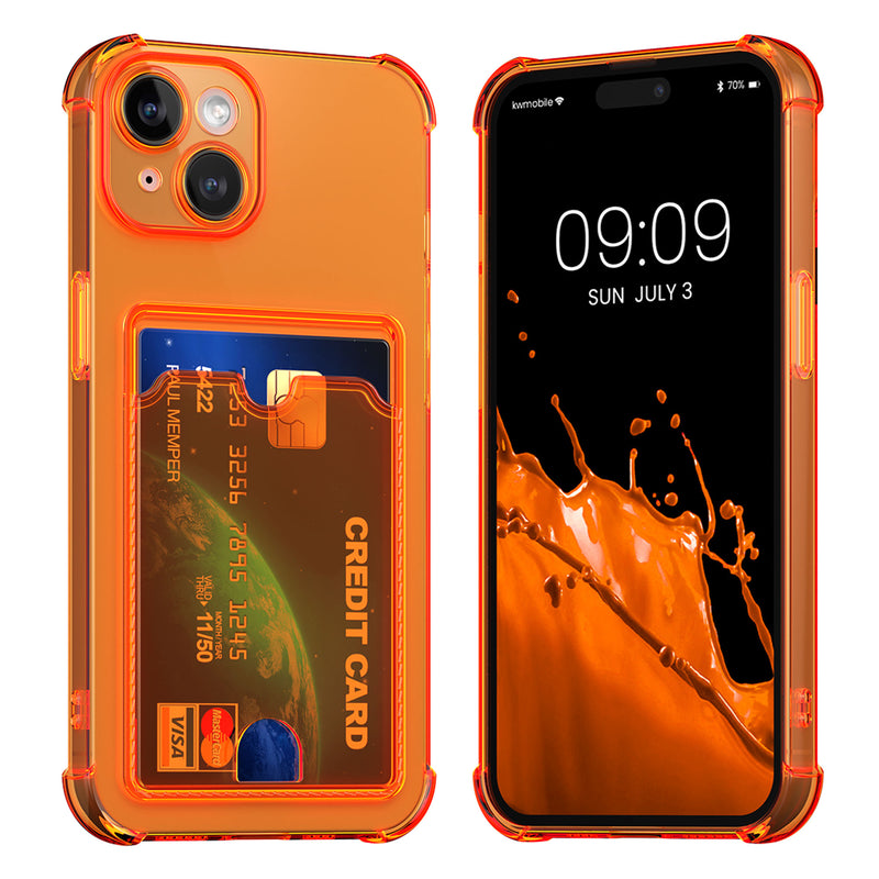kwmobile Hülle mit Kartenfach kompatibel mit Apple iPhone 15 - Handyhülle iPhone 15 mit Kartenfach - Soft Case - Schutzhülle in Fruity Orange Transparent Fruity Orange  