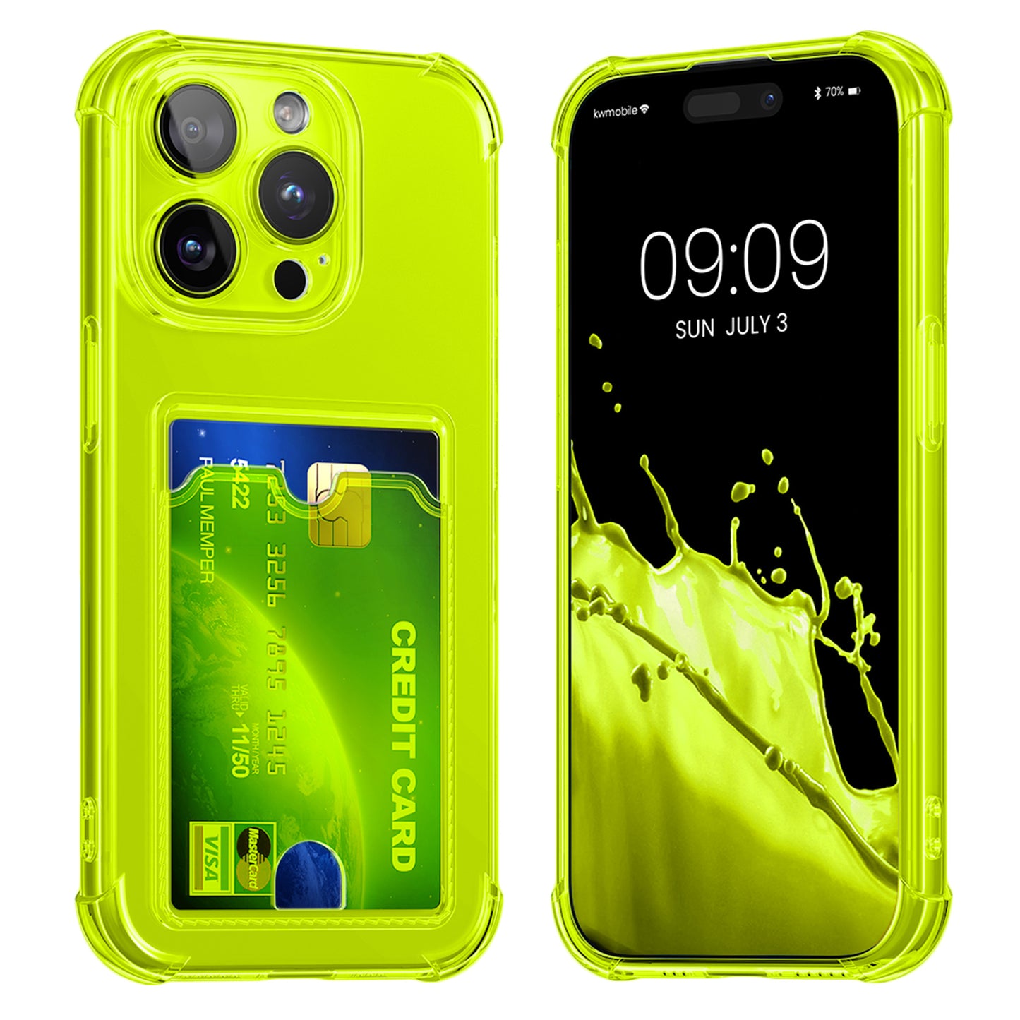 kwmobile Hülle mit Kartenfach kompatibel mit Apple iPhone 15 Pro Max - Handyhülle iPhone 15 Pro Max mit Kartenfach - Soft Case - Schutzhülle in Strahlend Gelb Transparent Strahlend Gelb  