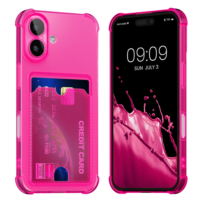kwmobile Hülle mit Kartenfach kompatibel mit Apple iPhone 16 - Handyhülle iPhone 16 mit Kartenfach - Soft Case - Schutzhülle in Neon Pink Transparent Neon Pink  