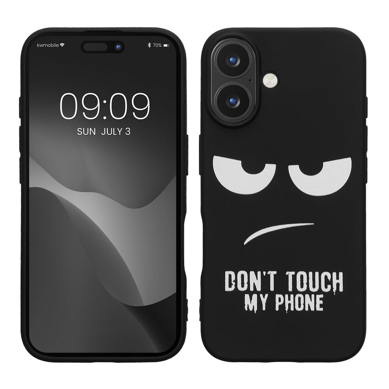 kwmobile Hülle kompatibel mit Apple iPhone 16 - Handyhülle Silikon Case - Don't touch my Phone Weiß Schwarz Weiß  [dsg01]