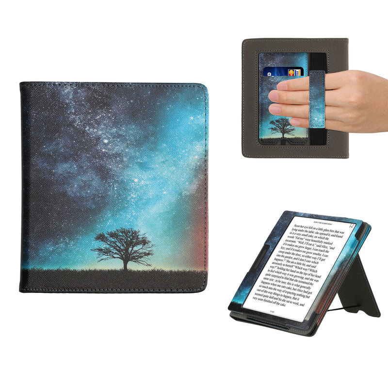kwmobile Flip Cover kompatibel mit Onyx Boox Leaf 2 - Hülle mit Handschlaufe Galaxie Baum Wiese Blau Grau Schwarz Blau  [dsg02]