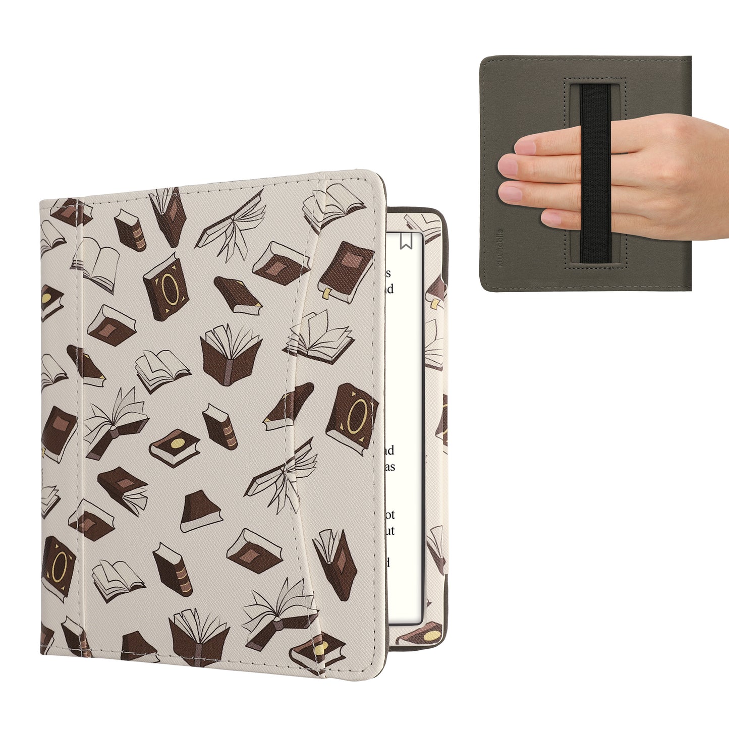 kwmobile Flip Hülle kompatibel mit Onyx Boox Leaf 2 - Vorderfach Handschlaufe - Bücher und Seiten Beige Braun Gold Beige  [dsg03]