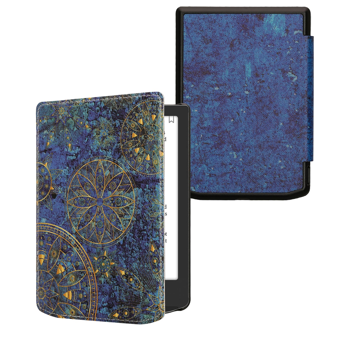 kwmobile Klapphülle kompatibel mit Pocketbook Verse / Verse Lite / Verse Pro / Color / Vivlio Light/Light HD Hülle - eReader Case - Mandala Gelb Dunkelblau Gelb  [dsg14]