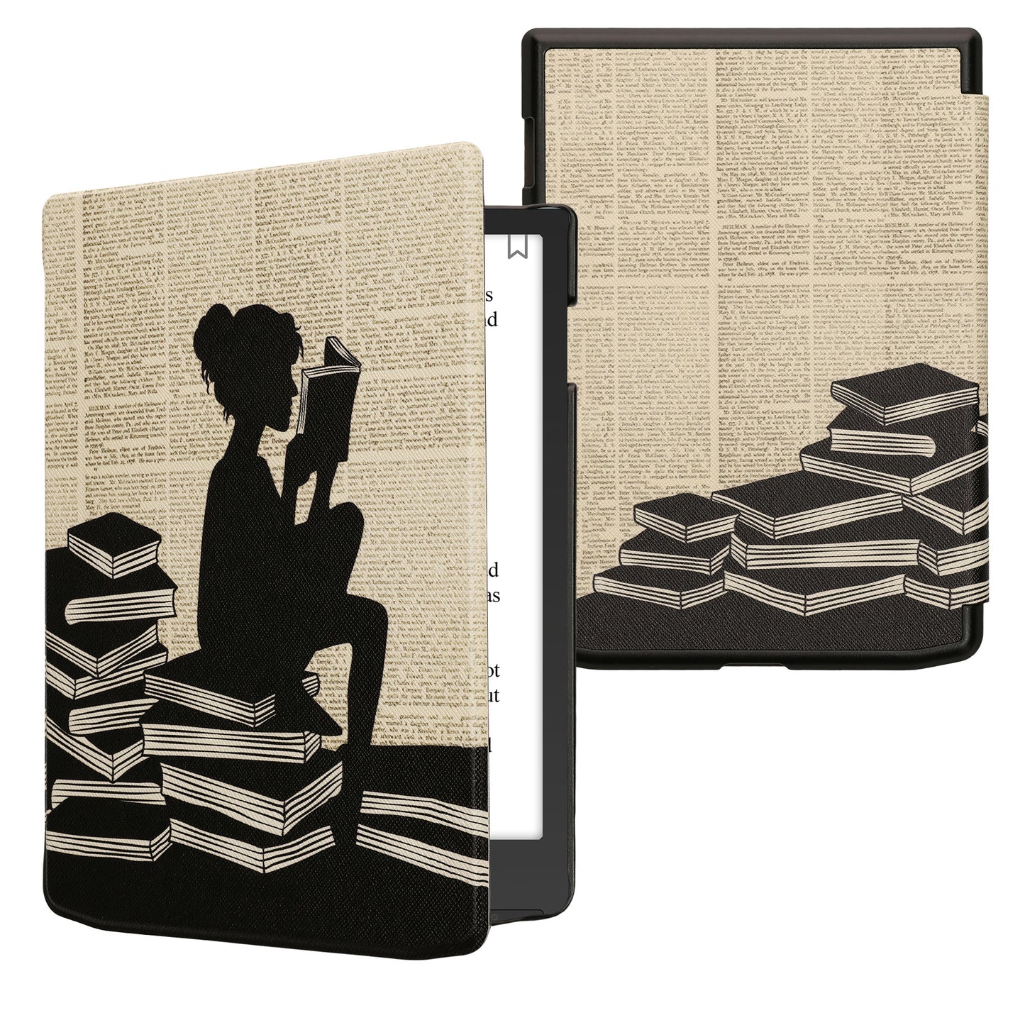 kwmobile Klapphülle kompatibel mit Pocketbook InkPad 4 / Color 3 / Color 2 / Vivlio InkPad 4 / InkPad Color 3 Hülle - eReader Case - Lesende Frau Schwarz Beige Schwarz  [dsg05]