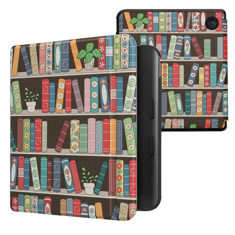 kwmobile Klapphülle kompatibel mit Kobo Kobo Libra Colour / Tolino Vision Color Hülle - eReader Case - Bücherregal mit Pflanzen Blau Grün Pink Blau  [dsg03]