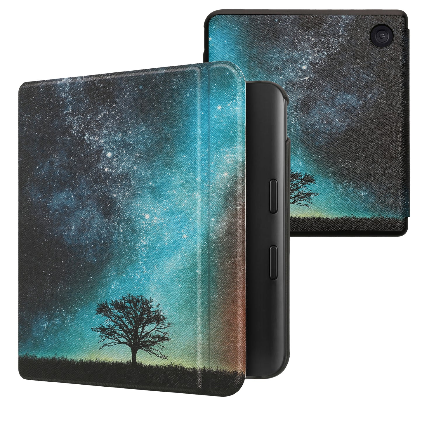 kwmobile Klapphülle kompatibel mit Kobo Kobo Libra Colour / Tolino Vision Color Hülle - eReader Case - Galaxie Baum Wiese Blau Grau Schwarz Blau  [dsg05]