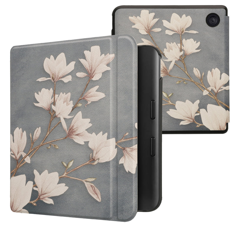 kwmobile Klapphülle kompatibel mit Kobo Kobo Libra Colour / Tolino Vision Color Hülle - eReader Case - Magnolien Taupe Weiß Blaugrau Taupe  [dsg07]