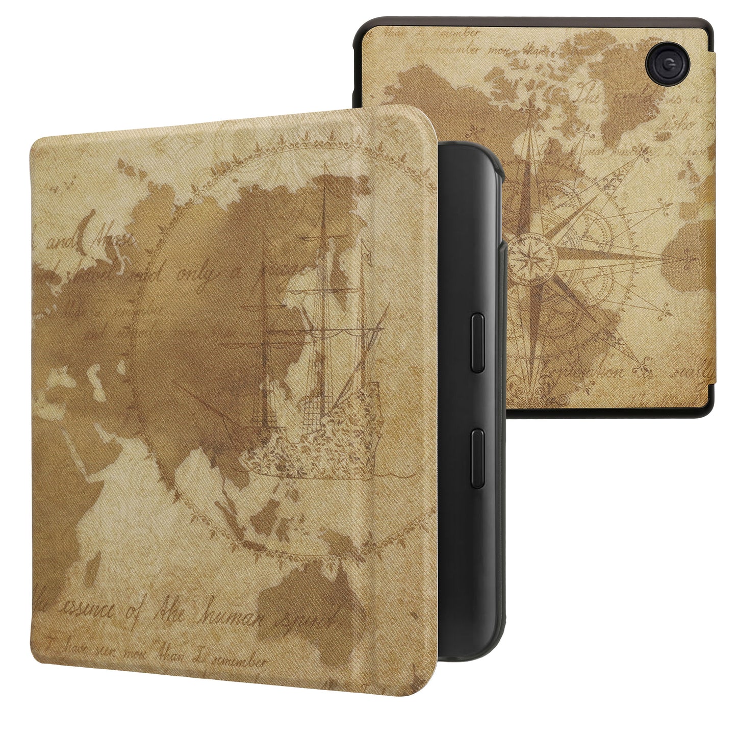 kwmobile Klapphülle kompatibel mit Kobo Kobo Libra Colour / Tolino Vision Color Hülle - eReader Case - Travel Vintage Braun Hellbraun Braun  [dsg08]