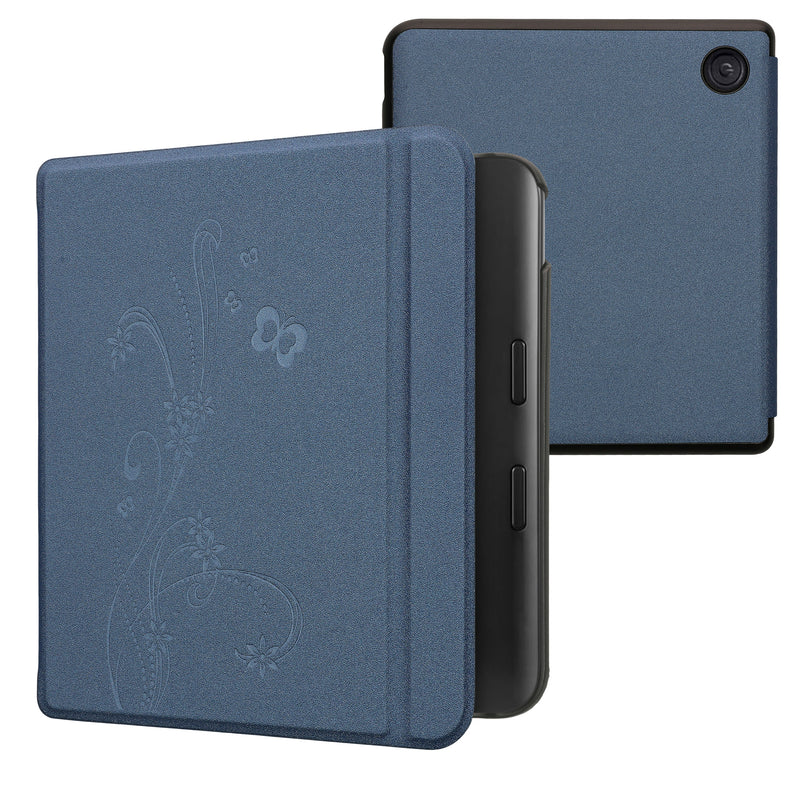 kwmobile Klapphülle kompatibel mit Kobo Kobo Libra Colour / Tolino Vision Color Hülle - eReader Case - Ranken Schmetterling Dunkelblau Dunkelblau  [dsg09]