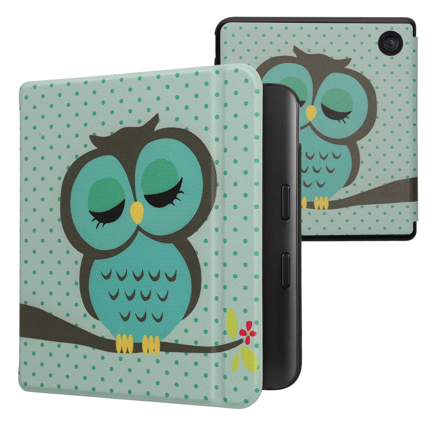 kwmobile Klapphülle kompatibel mit Kobo Kobo Libra Colour / Tolino Vision Color Hülle - eReader Case - Eule Schlaf Türkis Braun Mintgrün Türkis  [dsg10]