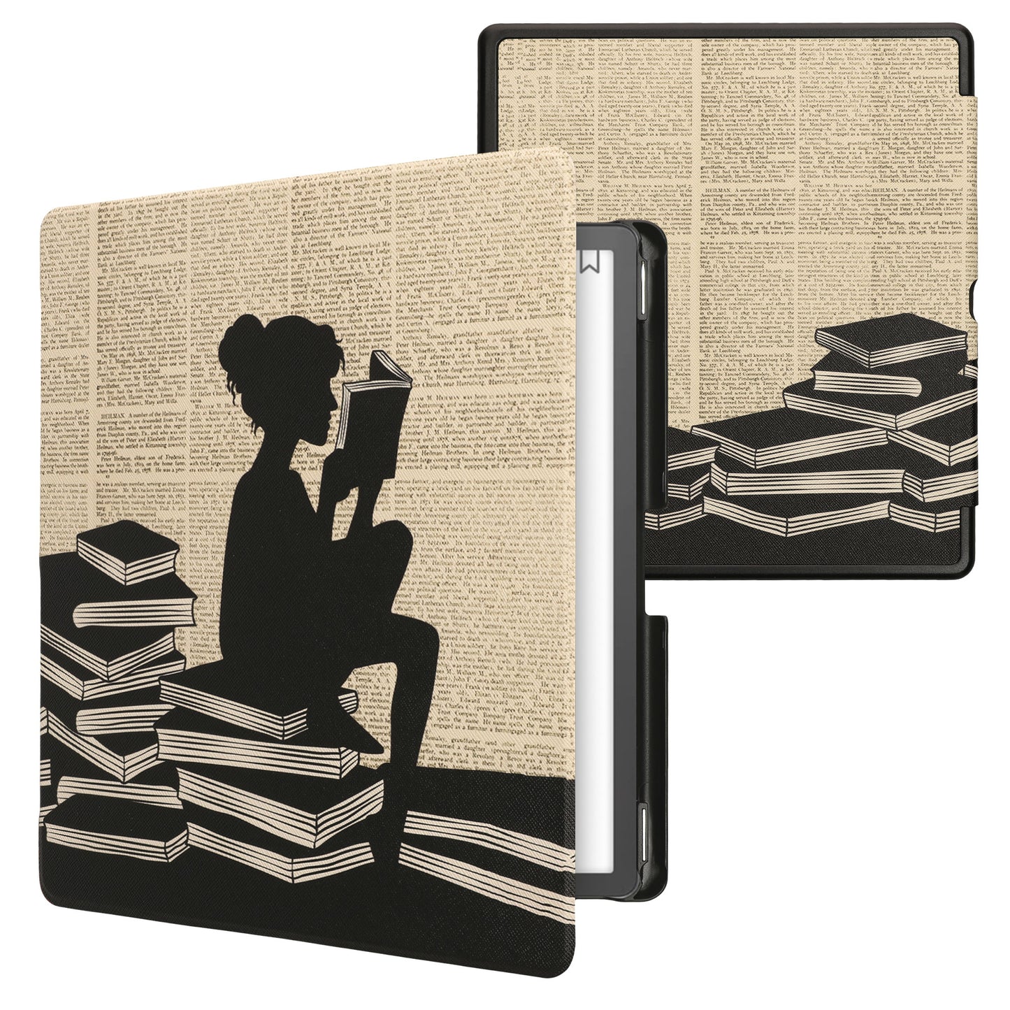 kwmobile Klapphülle kompatibel mit Amazon Kindle Scribe (2022/2024) Hülle - eReader Case - Lesende Frau Schwarz Beige Schwarz  [dsg03]