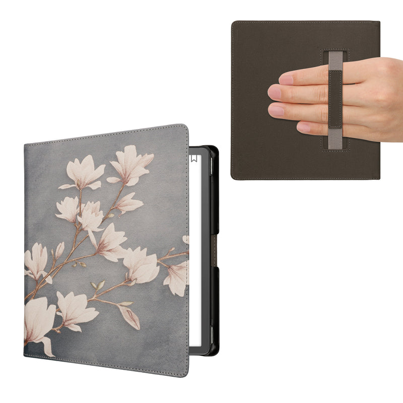kwmobile Klapphülle kompatibel mit Amazon Kindle Scribe (2022/2024) Hülle - Flipcase für den eReader mit Handschlaufe - Magnolien Taupe Weiß Blaugrau Taupe  [dsg01]