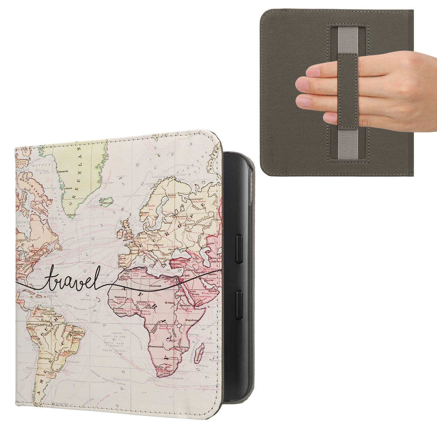 kwmobile Klapphülle kompatibel mit Kobo Kobo Libra Colour / Tolino Vision Color Hülle - Flipcase für den eReader mit Handschlaufe - Travel Schriftzug Schwarz Mehrfarbig Schwarz  [dsg05]