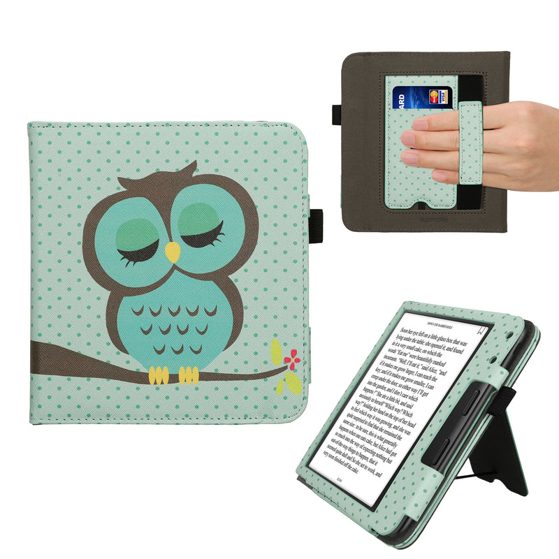 kwmobile Flip Cover kompatibel mit Kobo Kobo Libra Colour / Tolino Vision Color - Hülle mit Handschlaufe Eule Schlaf Türkis Braun Mintgrün Türkis  [dsg02]