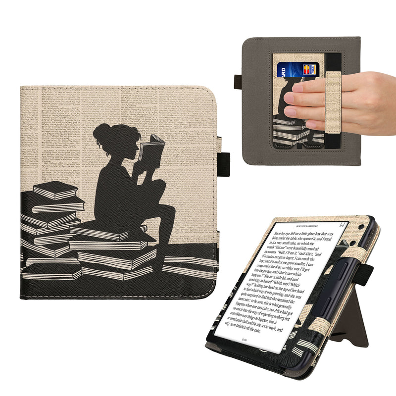 kwmobile Flip Cover kompatibel mit Kobo Kobo Libra Colour / Tolino Vision Color - Hülle mit Handschlaufe Lesende Frau Schwarz Beige Schwarz  [dsg05]