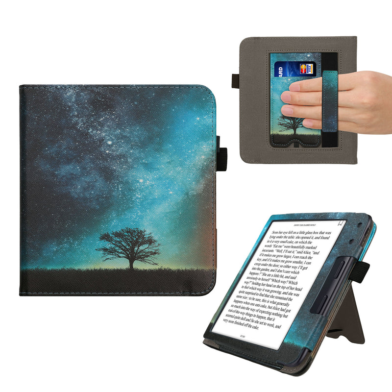 kwmobile Flip Cover kompatibel mit Kobo Kobo Libra Colour / Tolino Vision Color - Hülle mit Handschlaufe Galaxie Baum Wiese Blau Grau Schwarz Blau  [dsg06]