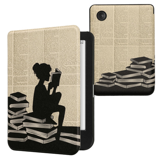 kwmobile Klapphülle kompatibel mit Kobo Clara BW / Clara Colour / Tolino Shine (5) / Shine Color Hülle - eReader Case - Lesende Frau Schwarz Beige Schwarz  [dsg01]