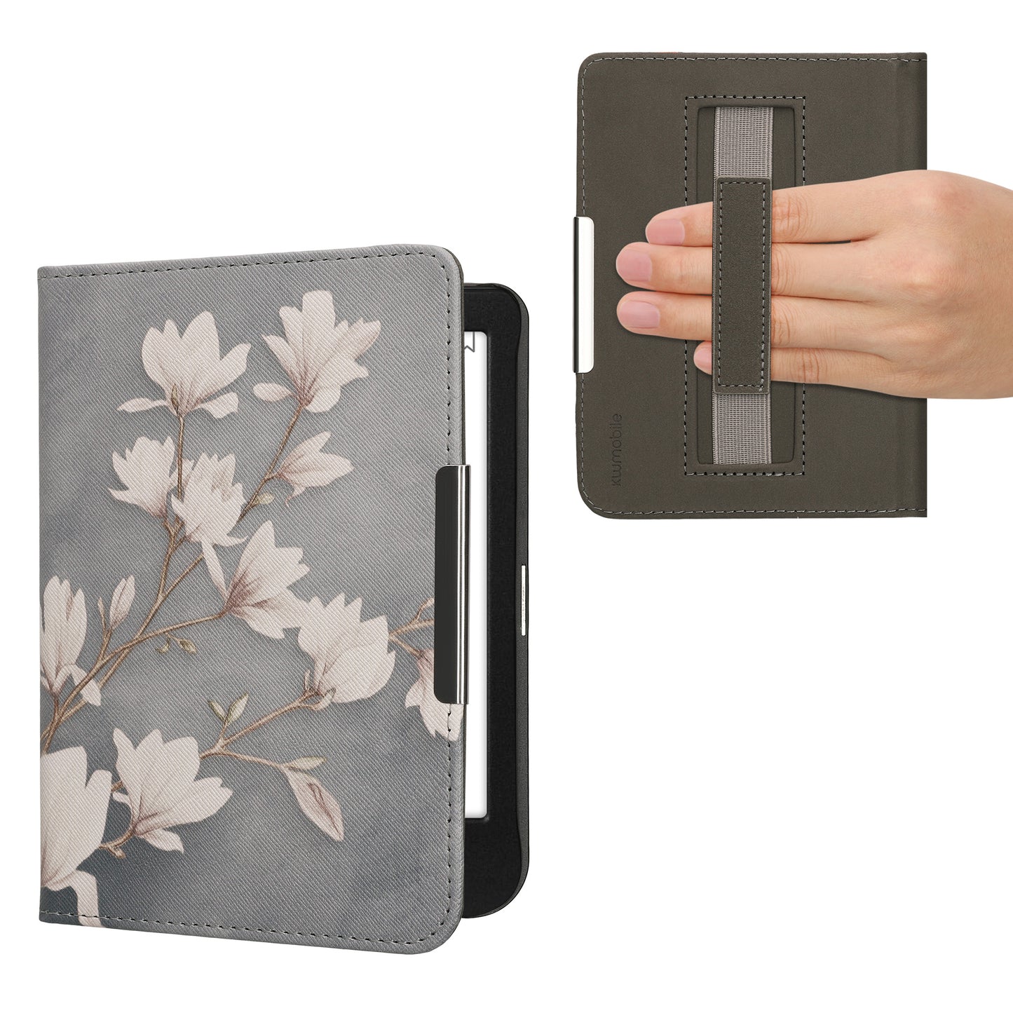 kwmobile Klapphülle kompatibel mit Kobo Clara BW / Clara Colour / Tolino Shine (5) / Shine Color Hülle - Flipcase für den eReader mit Handschlaufe - Magnolien Taupe Weiß Blaugrau Taupe  [dsg07]