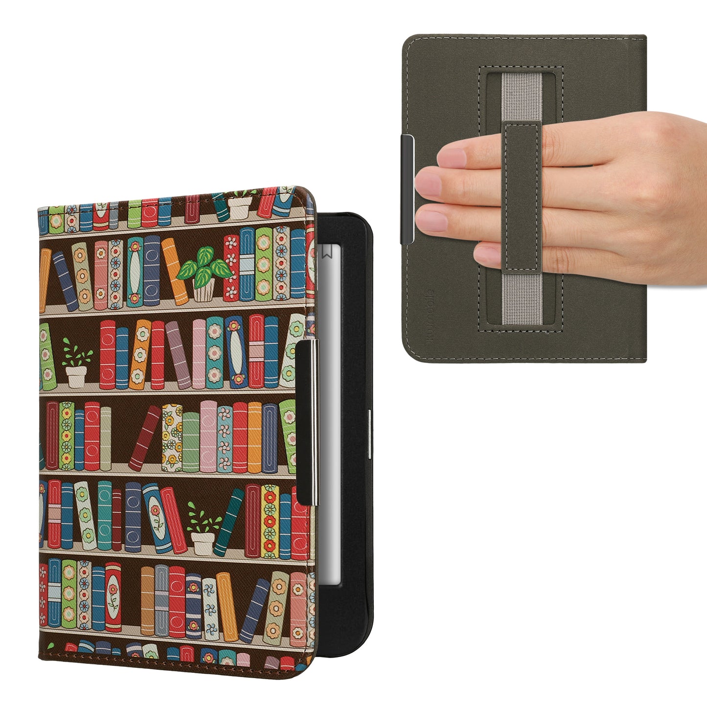 kwmobile Klapphülle kompatibel mit Kobo Clara BW / Clara Colour / Tolino Shine (5) / Shine Color Hülle - Flipcase für den eReader mit Handschlaufe - Bücherregal mit Pflanzen Blau Grün Pink Blau  [dsg10]