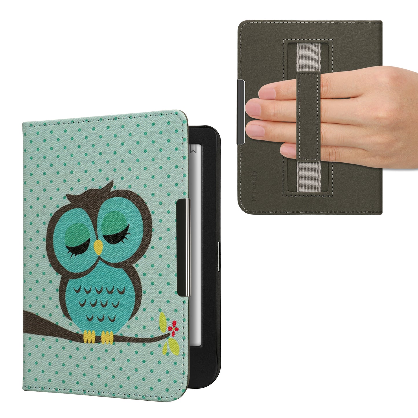 kwmobile Klapphülle kompatibel mit Kobo Clara BW / Clara Colour / Tolino Shine (5) / Shine Color Hülle - Flipcase für den eReader mit Handschlaufe - Eule Schlaf Türkis Braun Mintgrün Türkis  [dsg11]