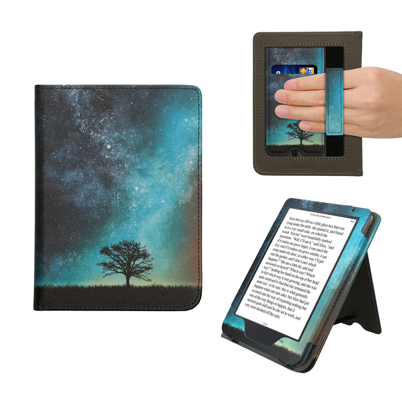 kwmobile Flip Cover kompatibel mit Kobo Clara BW / Clara Colour / Tolino Shine (5) / Shine Color - Hülle mit Handschlaufe Galaxie Baum Wiese Blau Grau Schwarz Blau  [dsg06]