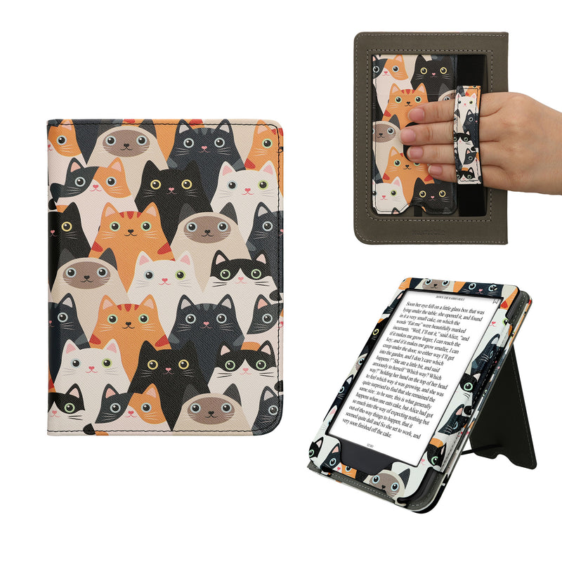 kwmobile Flip Cover kompatibel mit Kobo Clara BW / Clara Colour / Tolino Shine (5) / Shine Color - Hülle mit Handschlaufe Katzen Orange Schwarz Weiß Orange  [dsg07]