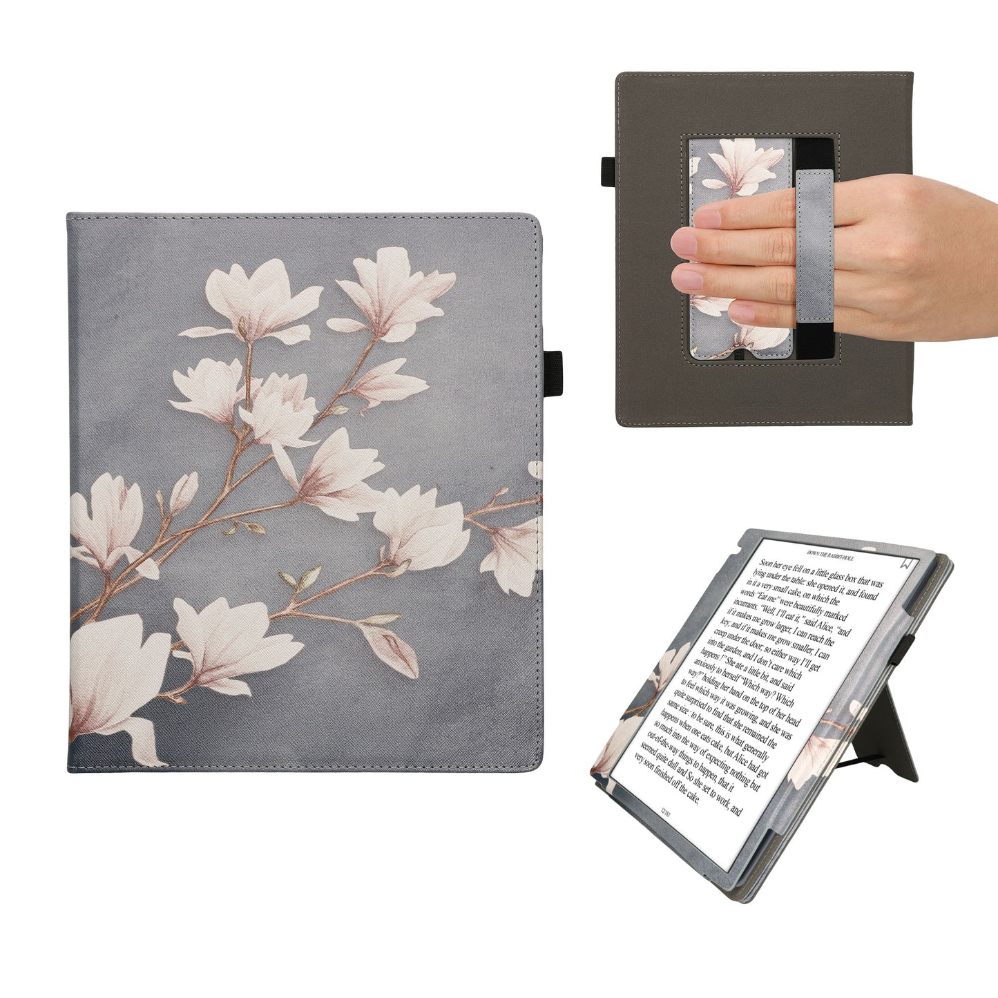 kwmobile Flip Cover kompatibel mit Pocketbook InkPad Eo / Bigme InkNote Color+ - Hülle mit Handschlaufe Magnolien Taupe Weiß Blaugrau Taupe  [dsg02]