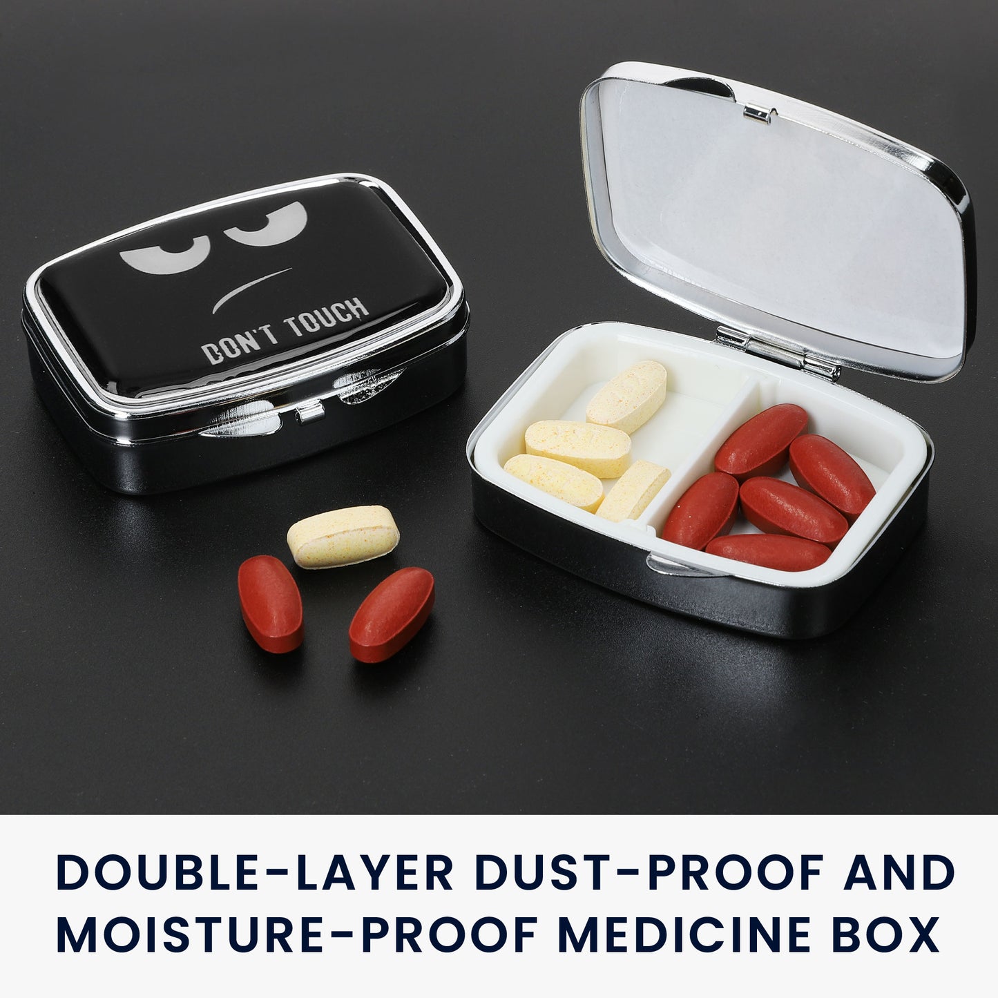 kwmobile Tablettenbox mit 2 Fächern Pillendosen Set klein Tragbare Pillenbox Metall Medikamentenbox Dose in Don't Touch
