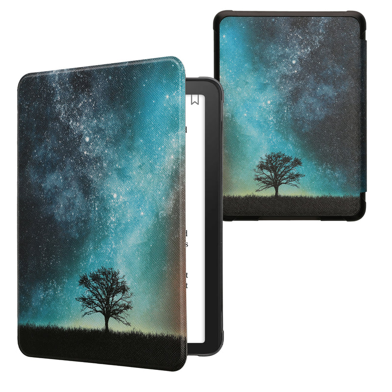 kwmobile Klapphülle kompatibel mit Amazon Kindle Paperwhite (2024)/Colorsoft Hülle - eReader Case - Galaxie Baum Wiese Blau Grau Schwarz Blau  [dsg02]