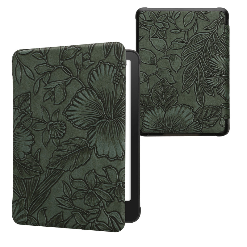 kwmobile Klapphülle kompatibel mit Amazon Kindle Paperwhite (2024)/Colorsoft Hülle - eReader Case - Blumen im grünen Relief Grün Grün  [dsg10]