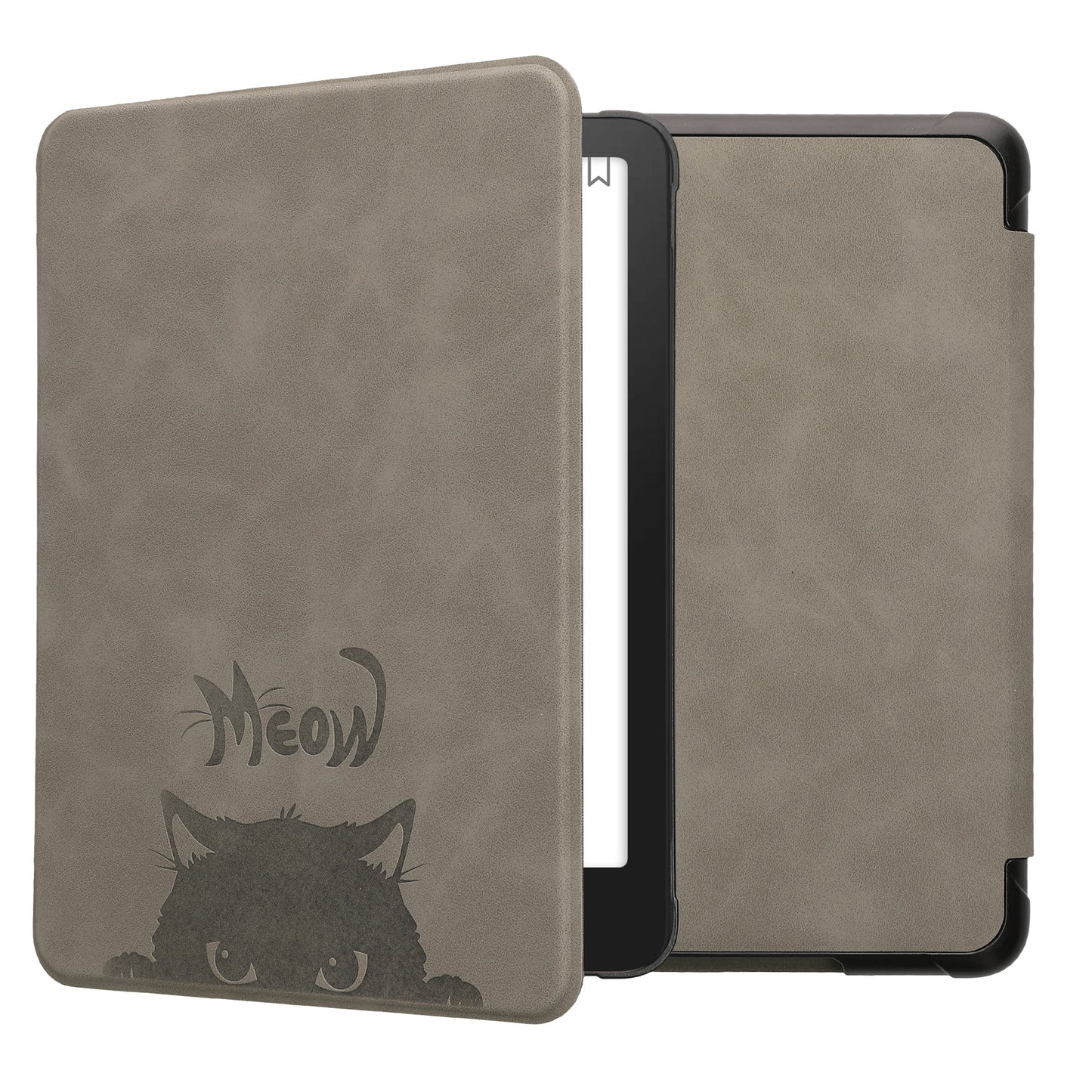 kwmobile Hülle kompatibel mit Amazon Kindle Paperwhite (2024)/Colorsoft Hülle - Kunstleder Cover - Katze Meow Grau Schwarz Grau  [dsg06]