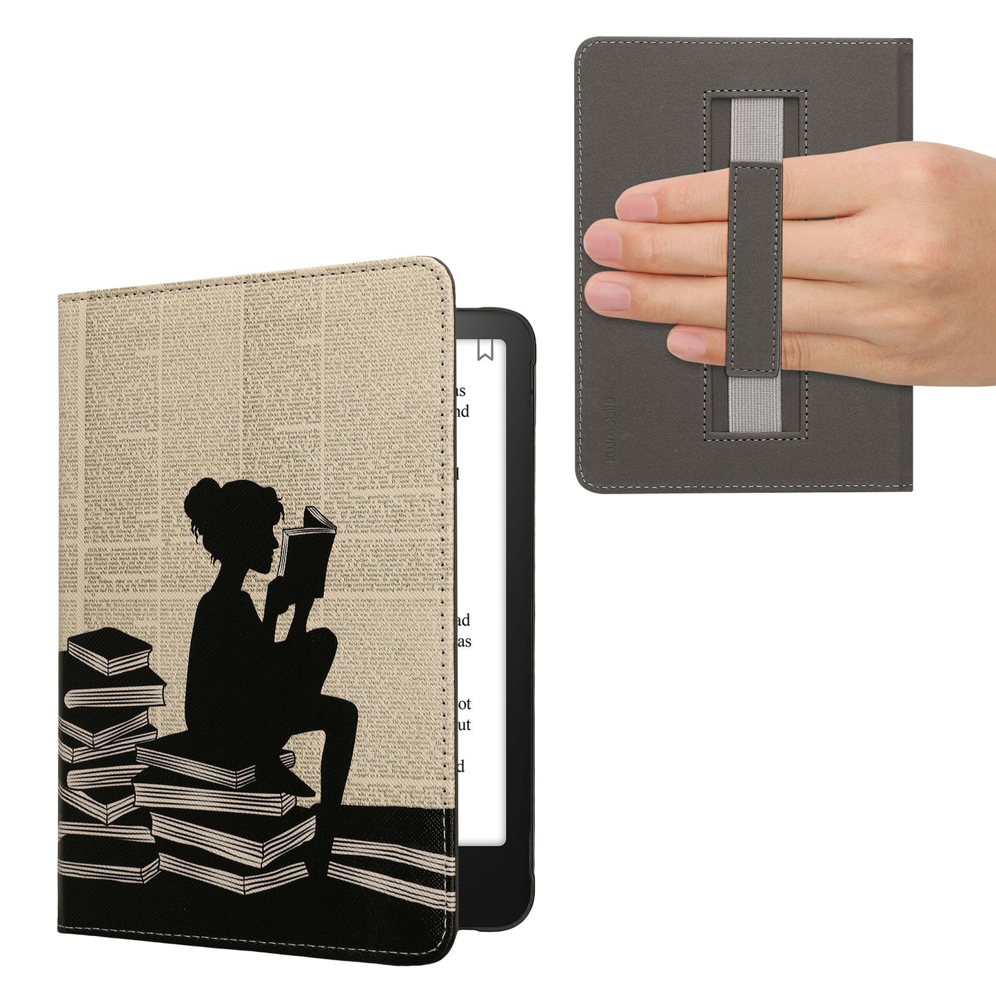 kwmobile Klapphülle kompatibel mit Amazon Kindle Paperwhite (2024)/Colorsoft Hülle - Flipcase für den eReader mit Handschlaufe - Lesende Frau Schwarz Beige Schwarz  [dsg02]