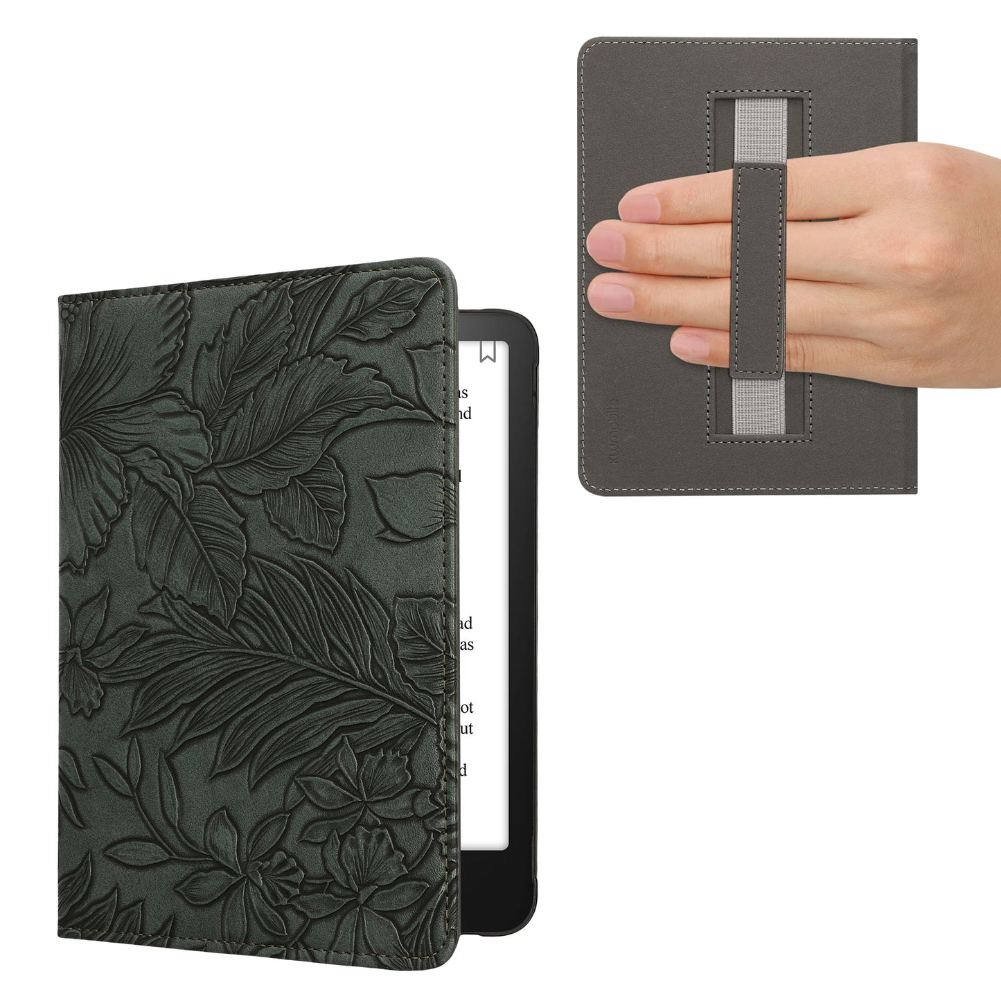 kwmobile Klapphülle kompatibel mit Amazon Kindle Paperwhite (2024)/Colorsoft Hülle - Flipcase für den eReader mit Handschlaufe - Blumen im grünen Relief Grün Grün  [dsg04]