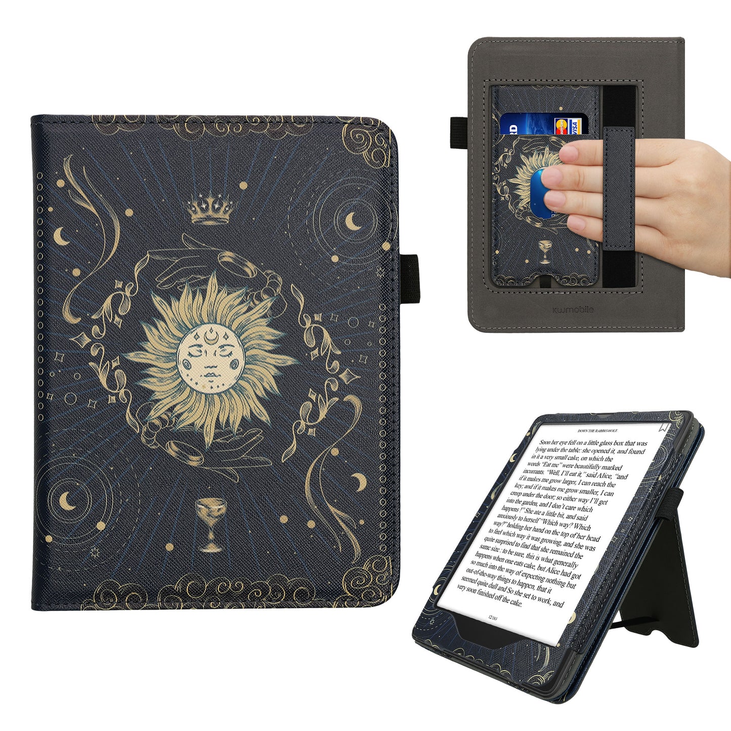 kwmobile Flip Cover kompatibel mit Amazon Kindle Paperwhite (2024)/Colorsoft - Hülle mit Handschlaufe Tarot Karten Dunkelblau Gelb Schwarz Dunkelblau  [dsg03]
