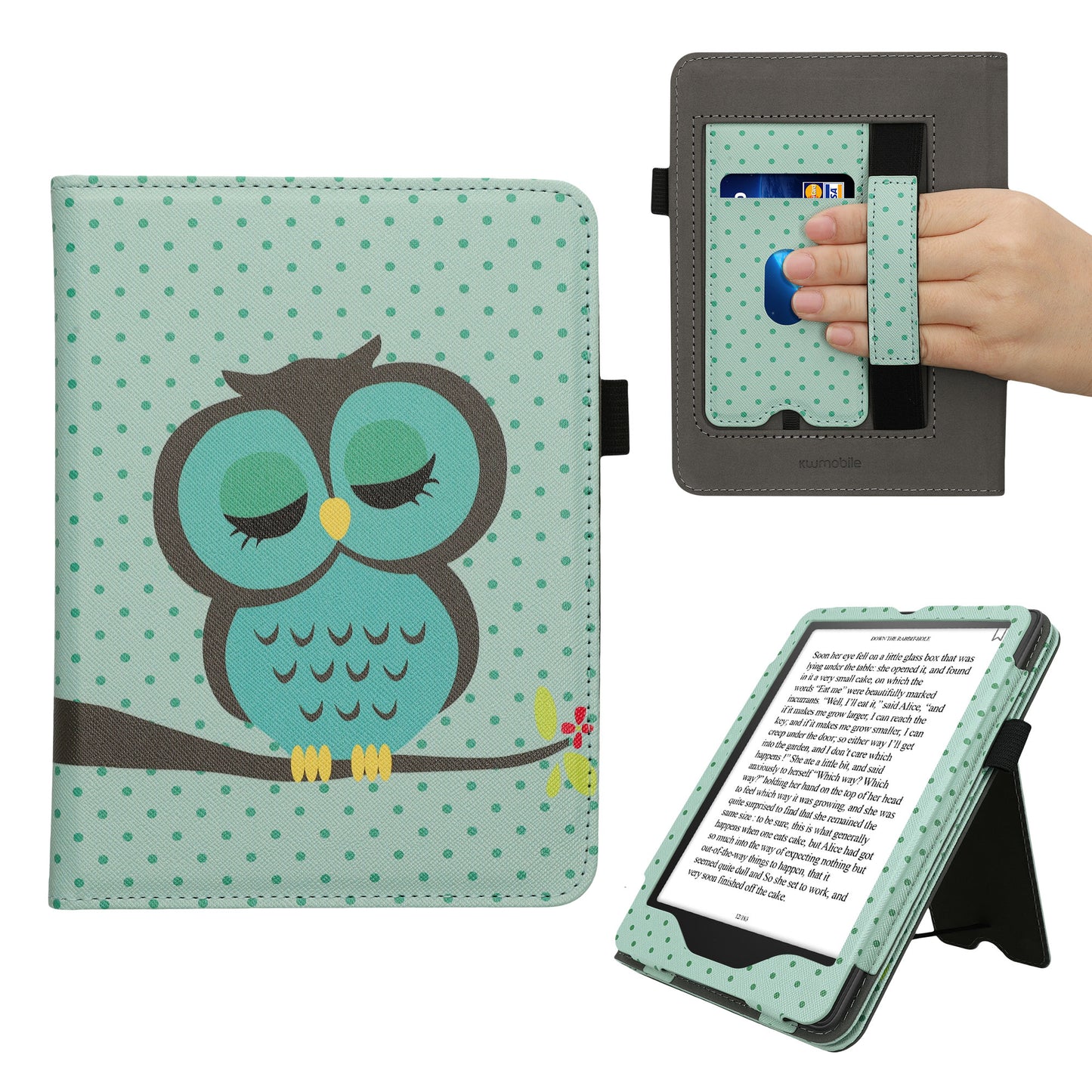 kwmobile Flip Cover kompatibel mit Amazon Kindle Paperwhite (2024)/Colorsoft - Hülle mit Handschlaufe Eule Schlaf Türkis Braun Mintgrün Türkis  [dsg04]