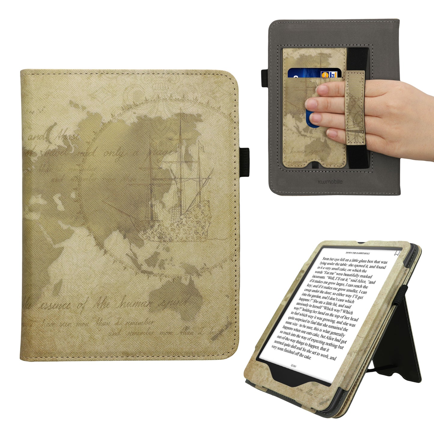 kwmobile Flip Cover kompatibel mit Amazon Kindle Paperwhite (2024)/Colorsoft - Hülle mit Handschlaufe Travel Vintage Braun Hellbraun Braun  [dsg05]
