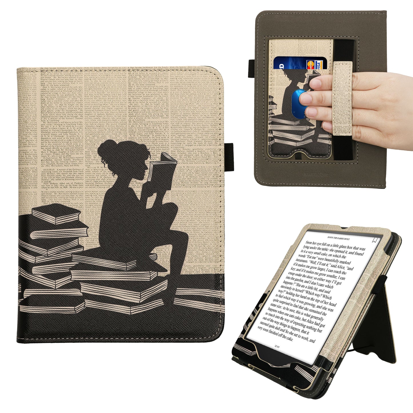 kwmobile Flip Cover kompatibel mit Amazon Kindle Paperwhite (2024)/Colorsoft - Hülle mit Handschlaufe Lesende Frau Schwarz Beige Schwarz  [dsg06]