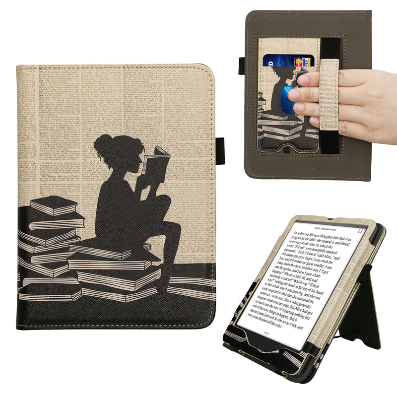 kwmobile Flip Cover kompatibel mit Amazon Kindle Paperwhite (2024)/Colorsoft - Hülle mit Handschlaufe Lesende Frau Schwarz Beige Schwarz  [dsg06]
