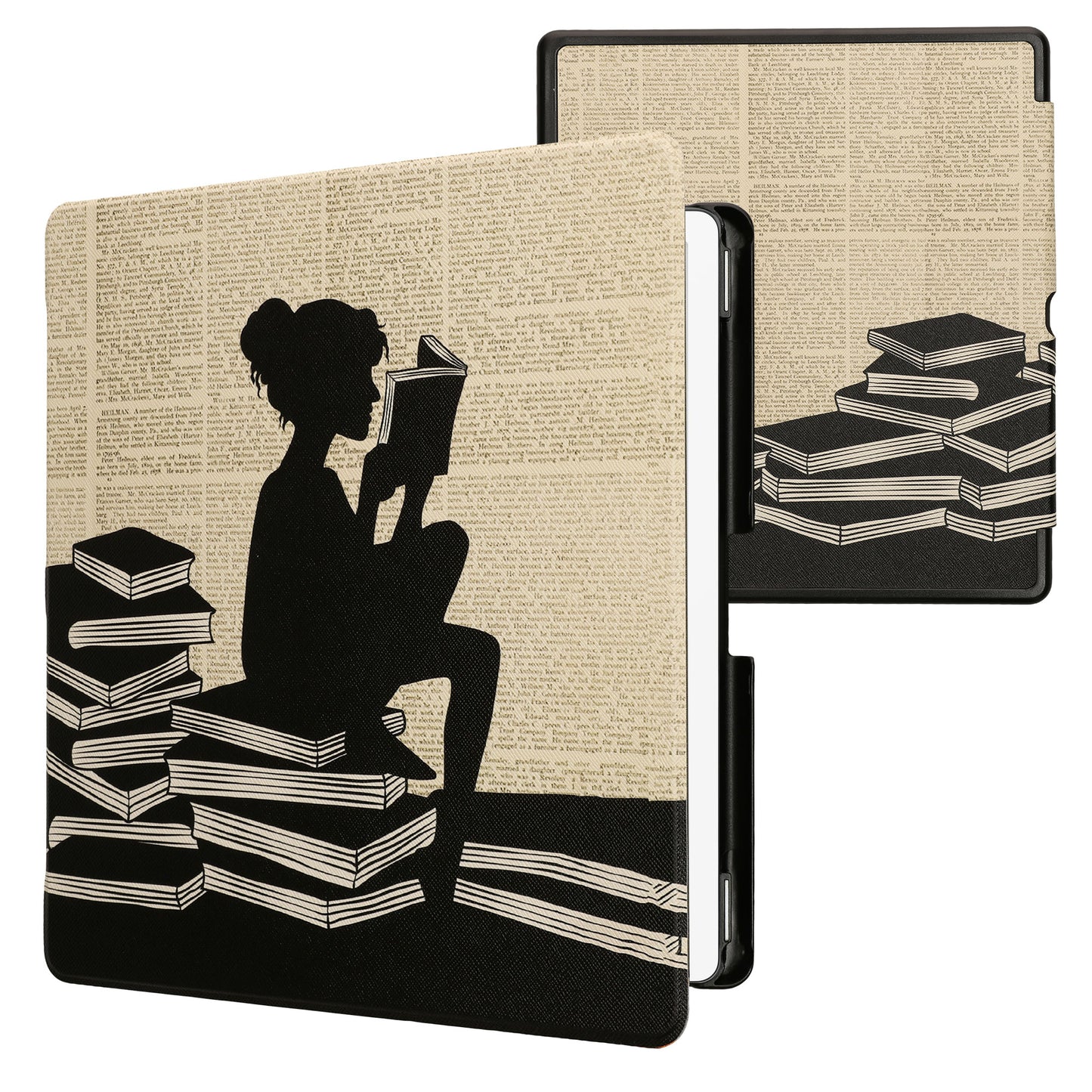 kwmobile Klapphülle kompatibel mit Amazon Kindle Scribe (2024) Hülle - eReader Case - Lesende Frau Schwarz Beige Schwarz  [dsg03]