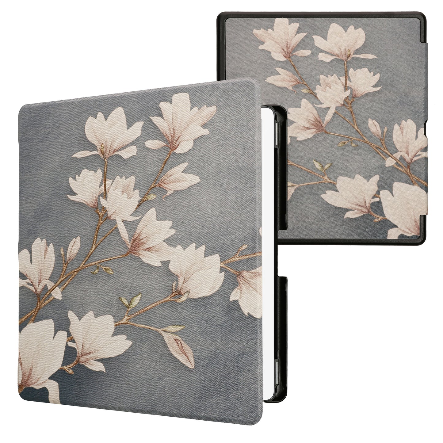 kwmobile Klapphülle kompatibel mit Amazon Kindle Scribe (2024) Hülle - eReader Case - Magnolien Taupe Weiß Blaugrau Taupe  [dsg08]