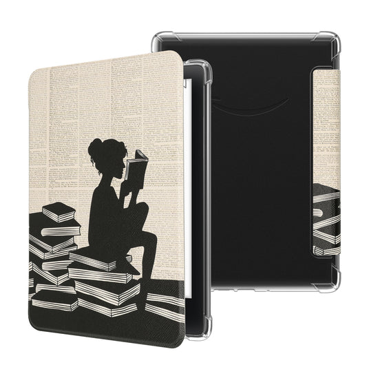 kwmobile E-Reader Schutzhülle kompatibel mit Amazon Kindle Paperwhite (2024)/Colorsoft Hülle - Kunstleder Case mit Auto Sleep/Wake Funktion für e-Reader - Lesende Frau Schwarz  [dsg02]
