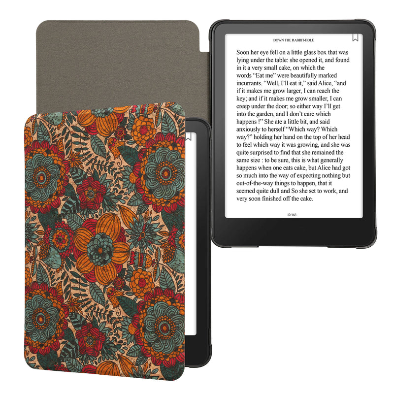 kwmobile Hülle kompatibel mit Amazon Kindle Paperwhite (2024)/Colorsoft - Kork eReader Schutzhülle Cover Case - Sommerblumen Orange Grün Rot Orange  [dsg03]