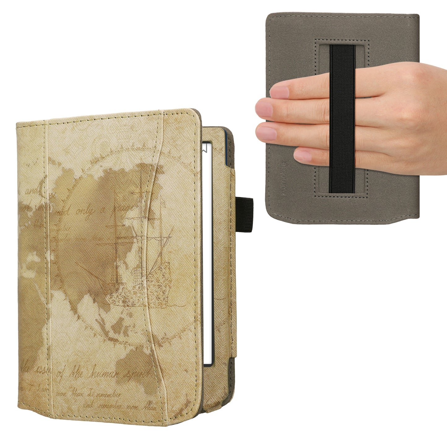 kwmobile Flip Hülle kompatibel mit Pocketbook Verse / Verse Lite / Verse Pro / Color / Vivlio Light/Light HD - Vorderfach Handschlaufe - Travel Vintage Braun Hellbraun Braun  [dsg01]