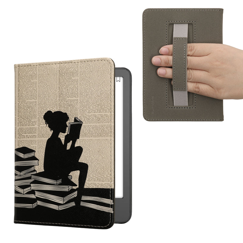 kwmobile Klapphülle kompatibel mit Amazon Kindle (2022/2024) Hülle - Flipcase für den eReader mit Handschlaufe - Lesende Frau Schwarz Beige Schwarz  [dsg02]