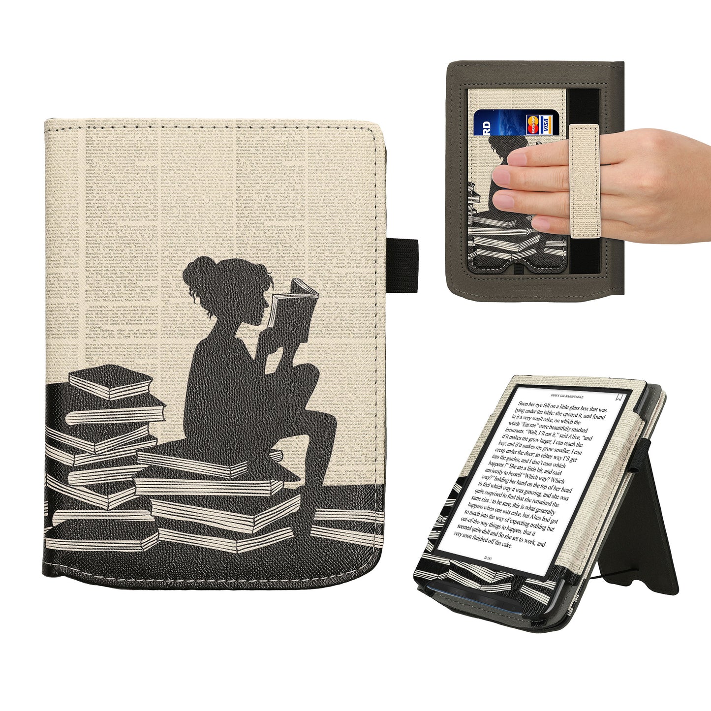 kwmobile Flip Cover kompatibel mit Pocketbook Verse / Verse Lite / Verse Pro / Color / Vivlio Light/Light HD - Hülle mit Handschlaufe Lesende Frau Schwarz Beige Schwarz  [dsg01]