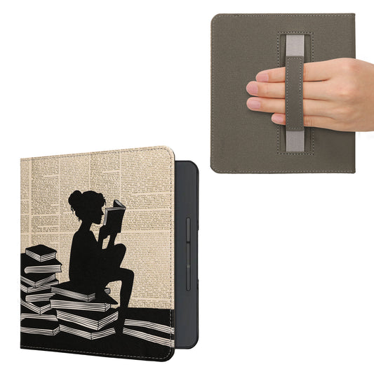 kwmobile Klapphülle kompatibel mit Kobo Forma Hülle - Flipcase für den eReader mit Handschlaufe - Lesende Frau Schwarz Beige Schwarz  [dsg01]