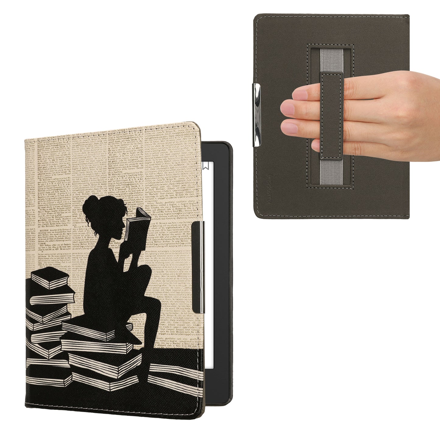 kwmobile Klapphülle kompatibel mit Kobo Aura H2O Edition 2 Hülle - Flipcase für den eReader mit Handschlaufe - Lesende Frau Schwarz Beige Schwarz  [dsg01]