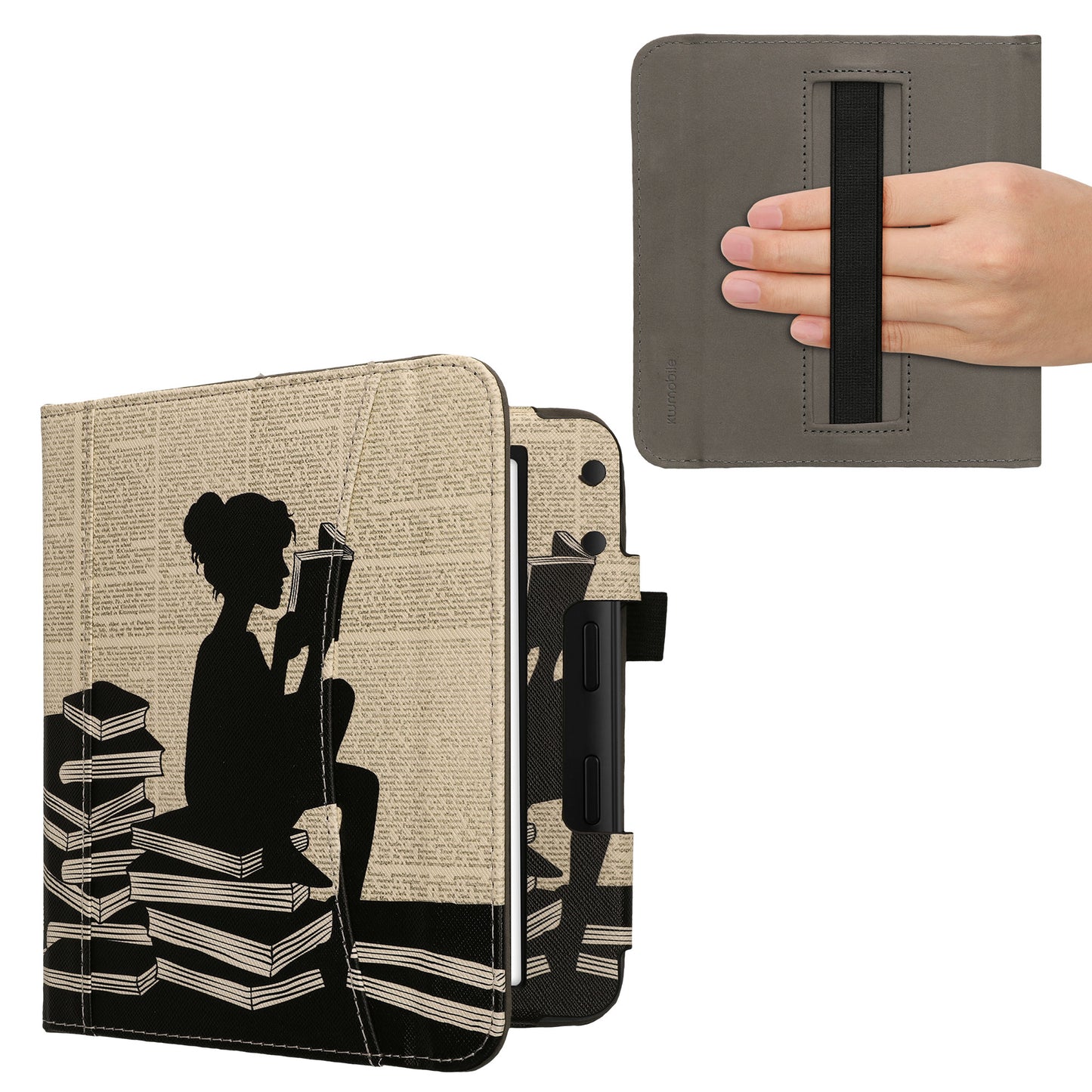 kwmobile Flip Hülle kompatibel mit Kobo Kobo Libra Colour / Tolino Vision Color - Vorderfach Handschlaufe - Lesende Frau Schwarz Beige Schwarz  [dsg01]