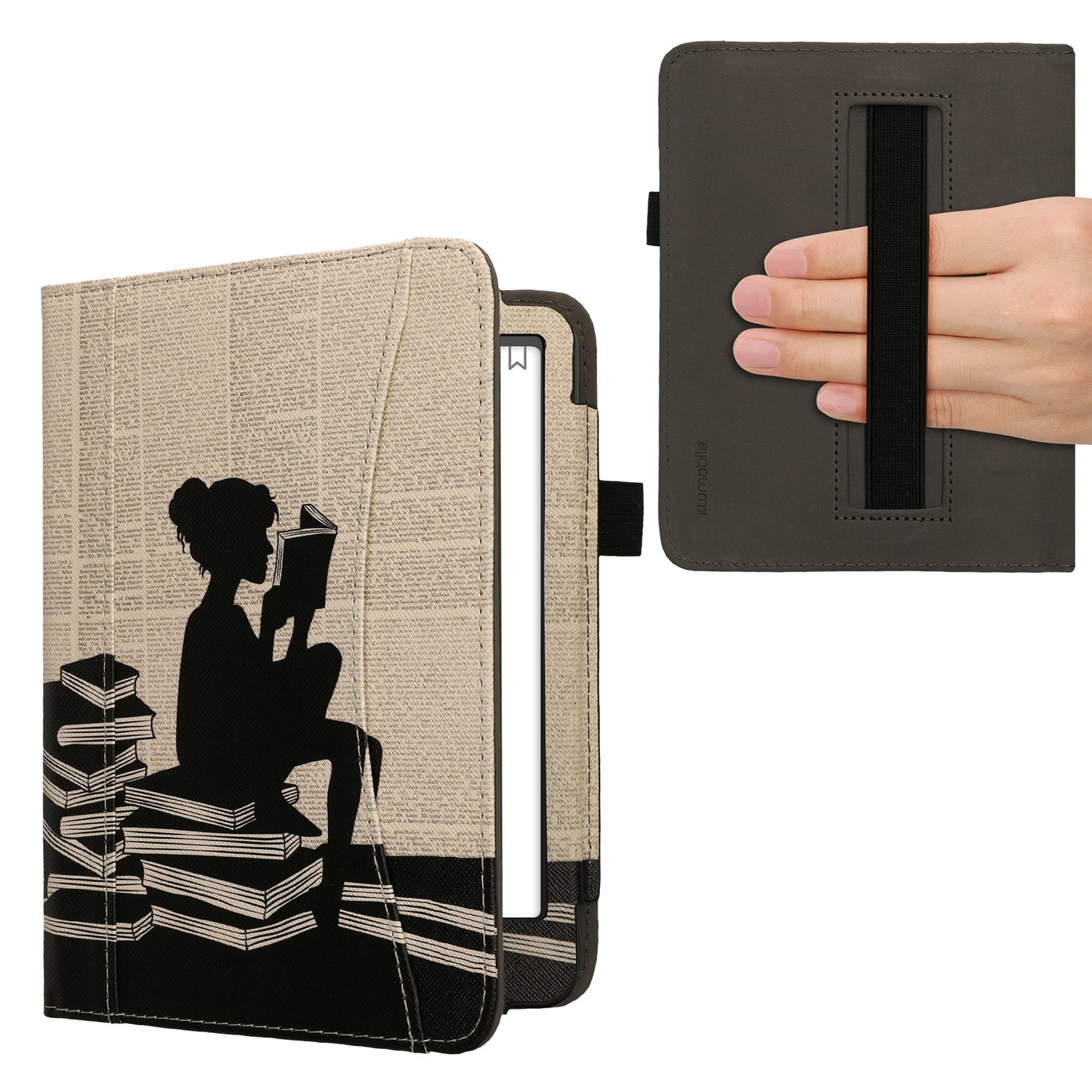 kwmobile Flip Hülle kompatibel mit Amazon Kindle Paperwhite (2024)/Colorsoft - Vorderfach Handschlaufe - Lesende Frau Schwarz Beige Schwarz  [dsg01]